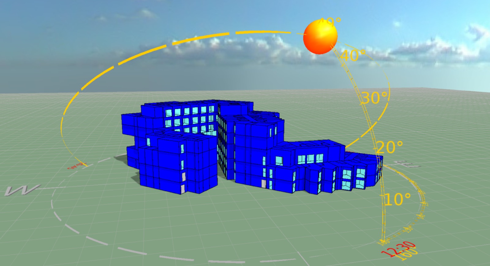 Energy model of the hotel showing glazed elevations and solar geometry