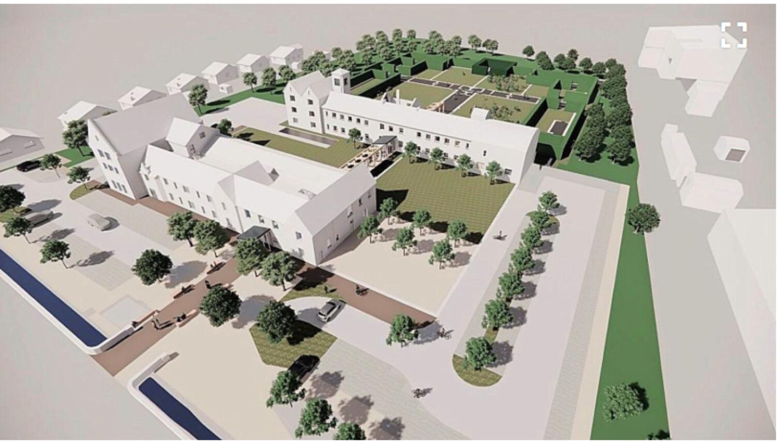 Aerial visualisation of the refurbished workhouse and its grounds