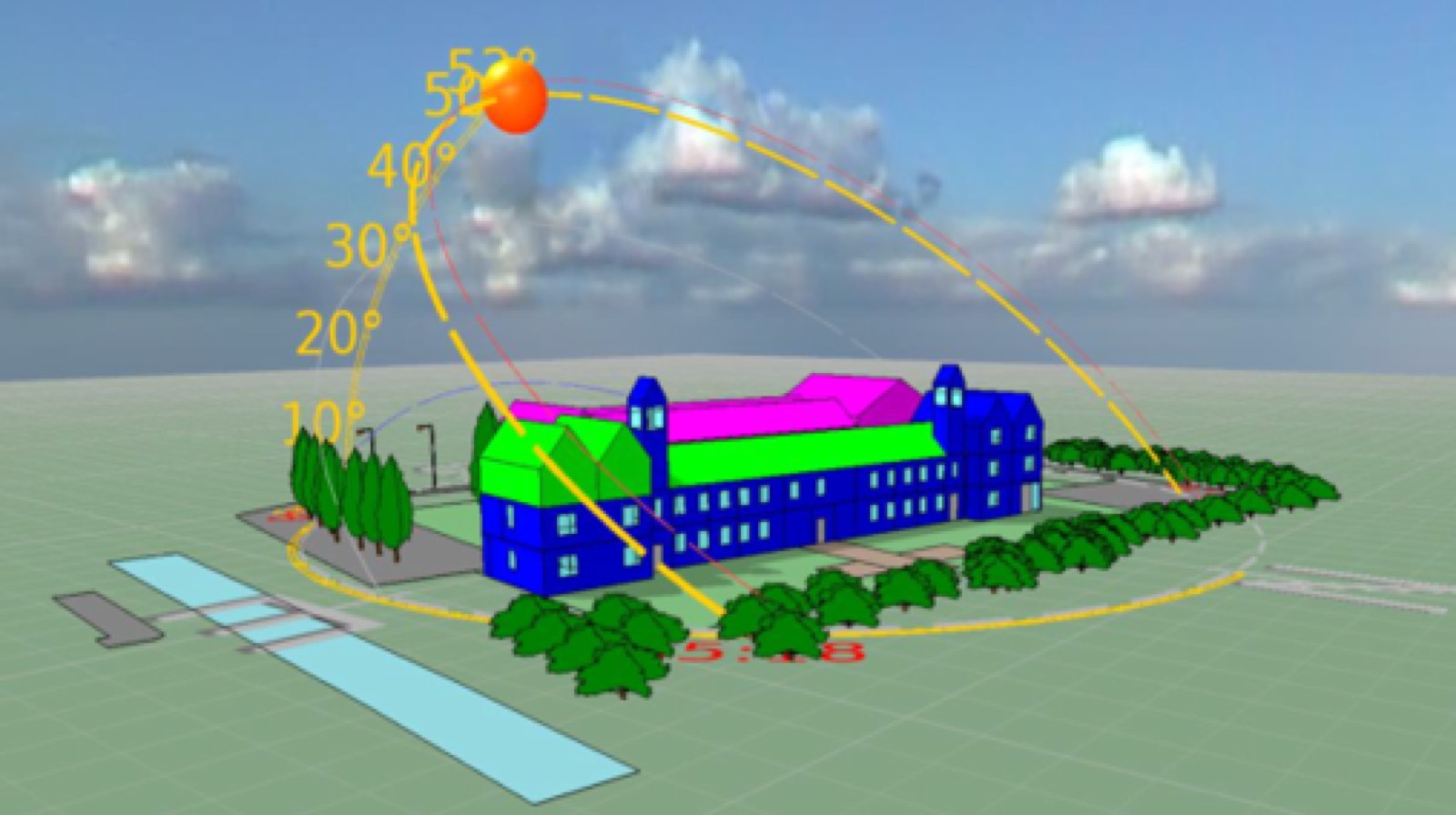 Sun path study around the workhouse building and surrounding trees