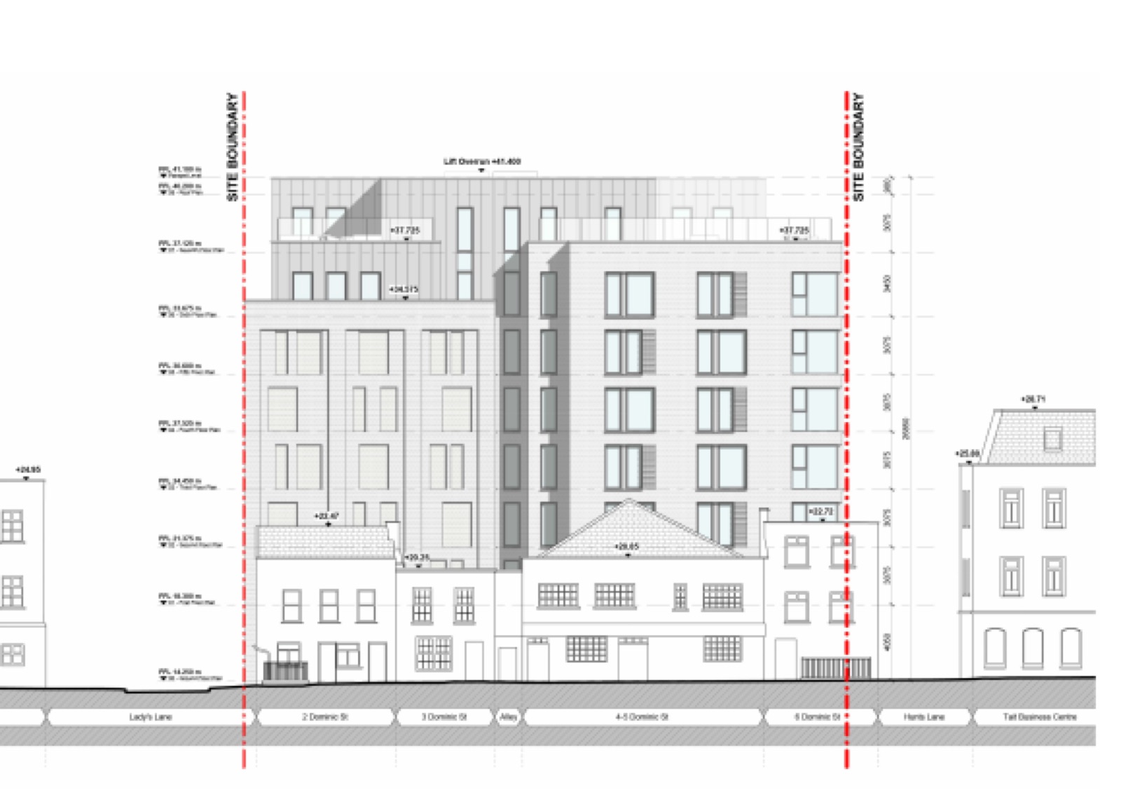 Street elevation drawing showing the scheme against neighbouring buildings