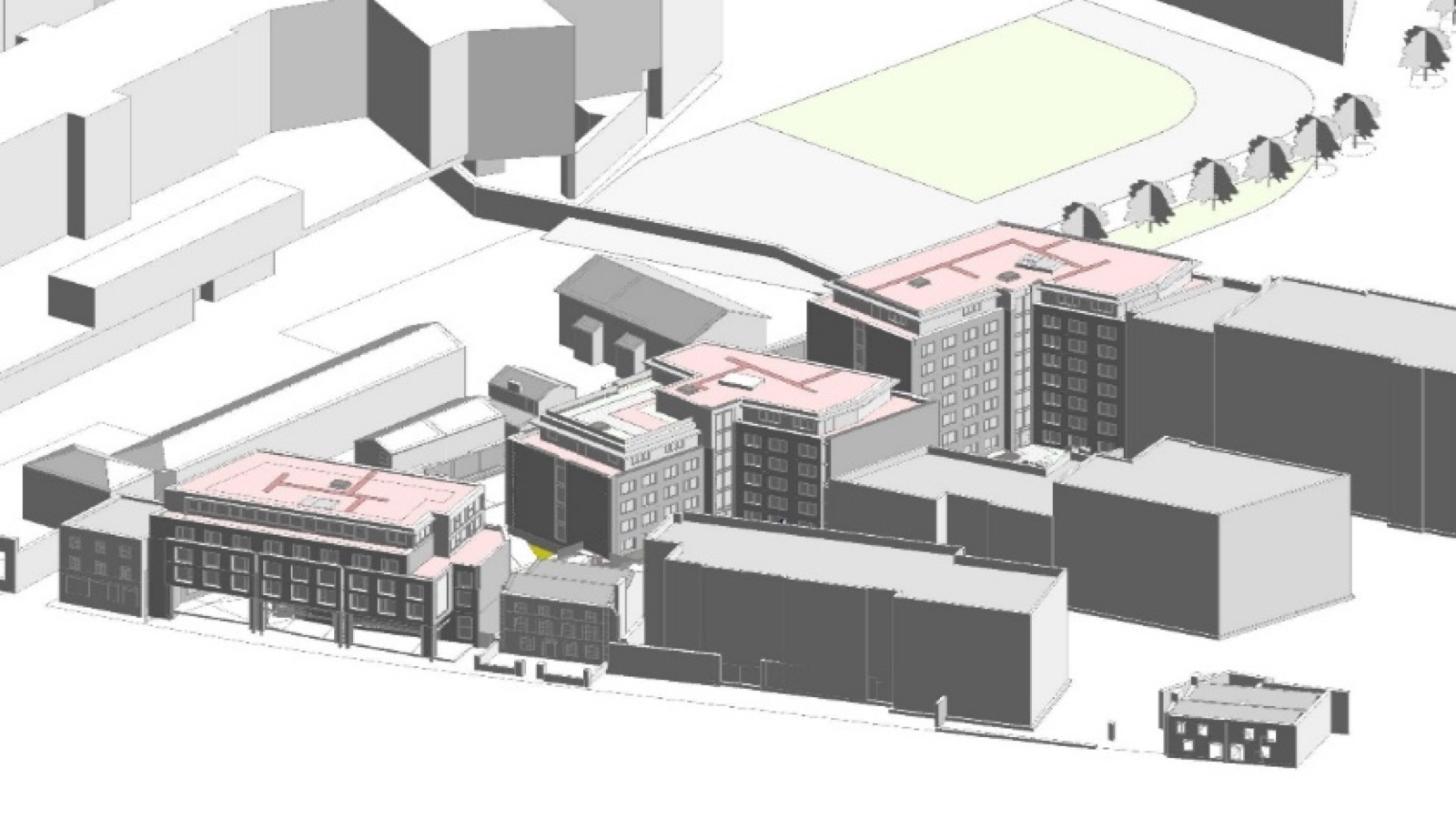 Massing model of the Prussia Street development within the surrounding streetscape