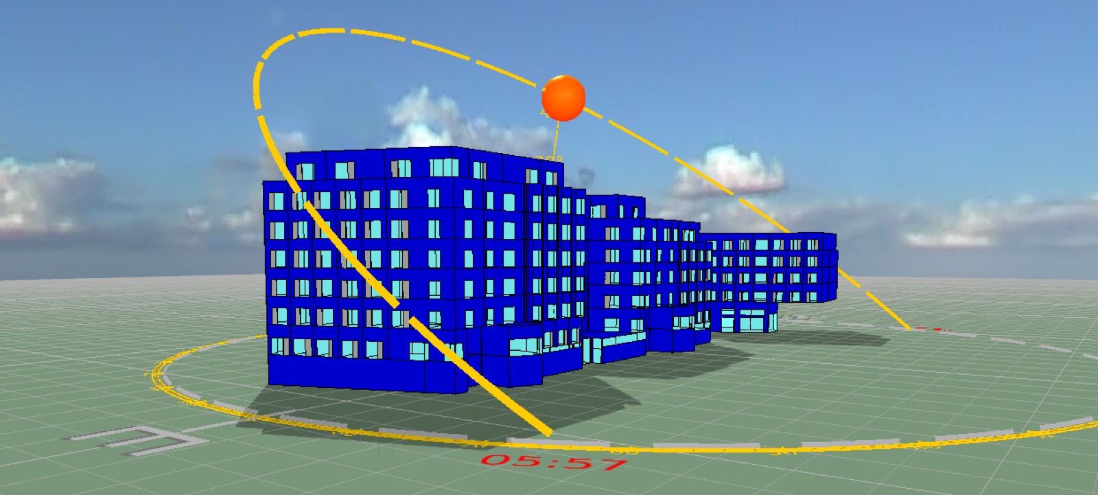 Energy model of the Prussia Street blocks with sun path overlaid