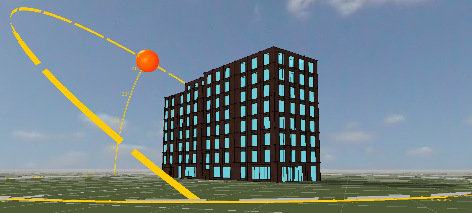 Energy model of the seven-storey hotel with solar geometry overlaid