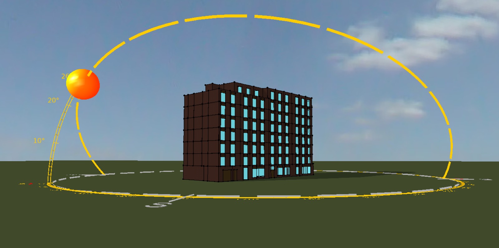 Sun path analysis around the hotel used to inform roof PV sizing